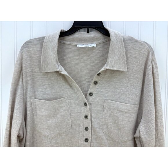Jane + Delancey Women's Long Sleeve Blouse Top Beige Roll Tab Sleeves L Large - Picture 2 of 4
